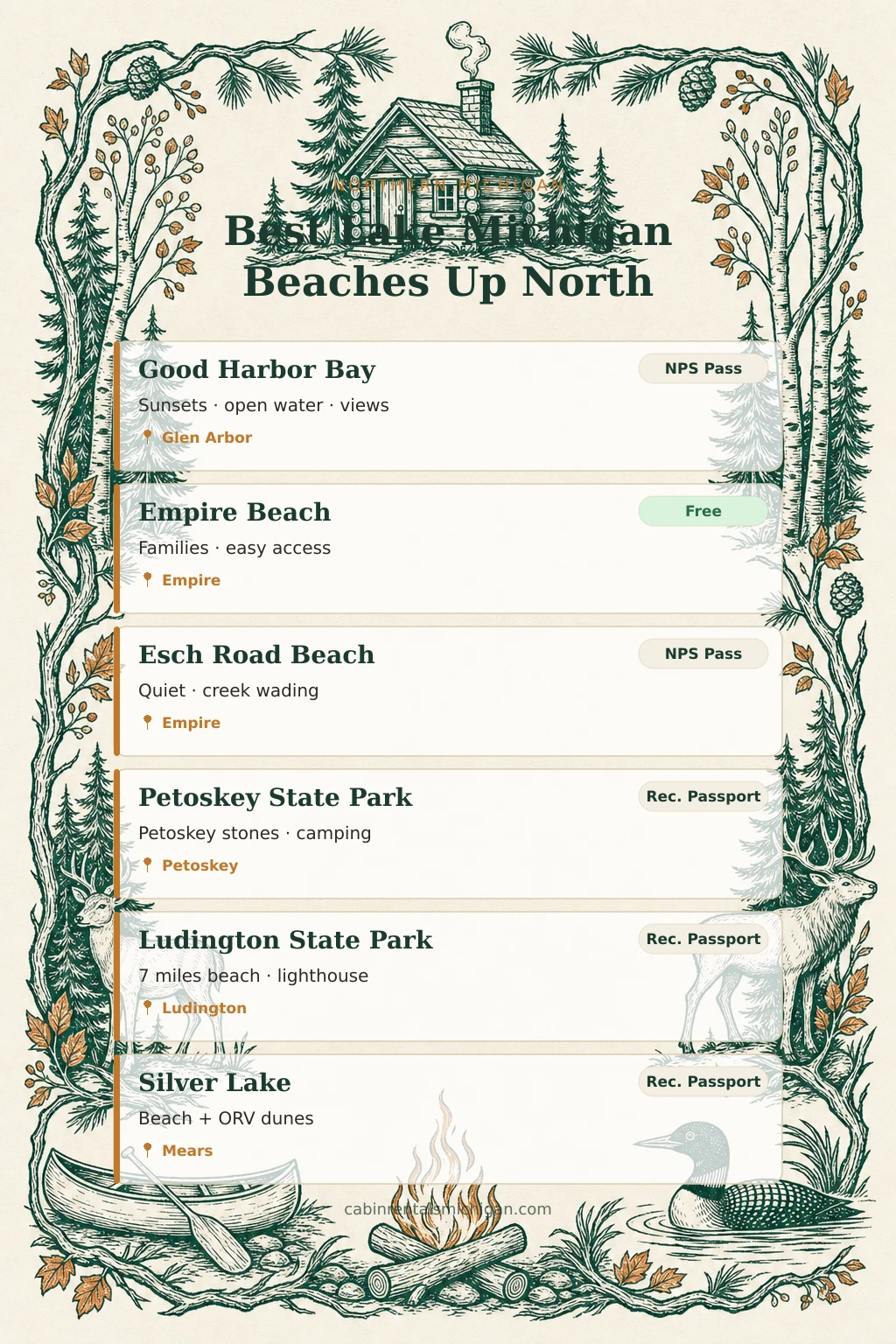 Best Lake Michigan Beaches Up North — infographic comparing 6 top beaches by entry type and best-for category