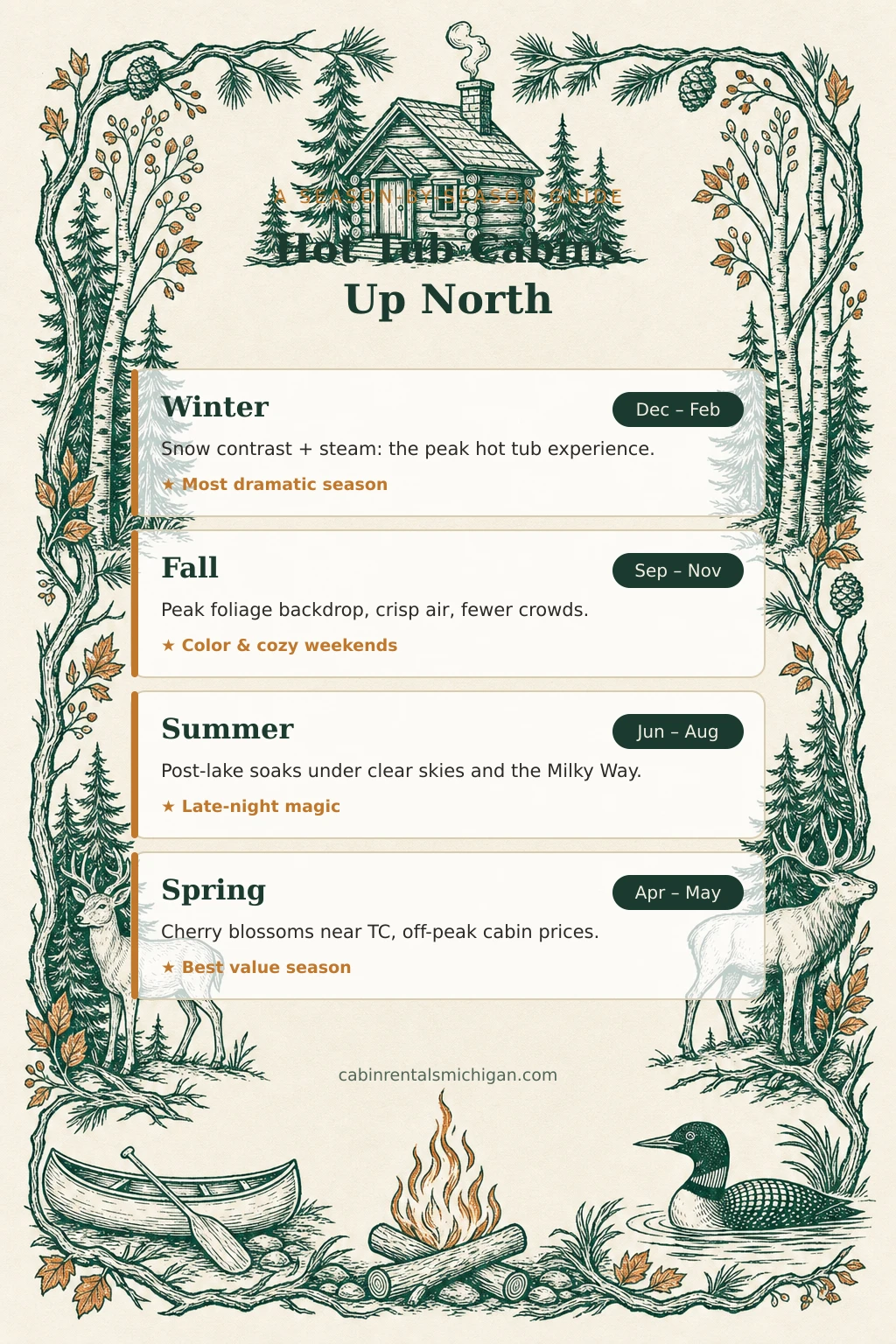 Northern Michigan hot tub cabin season guide: Winter peak season, Fall foliage escapes, Summer stargazing soaks, Spring best value