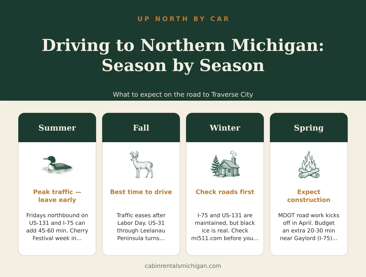 Driving to Northern Michigan season by season: summer peak traffic, fall best drive, winter check roads first, spring construction delays