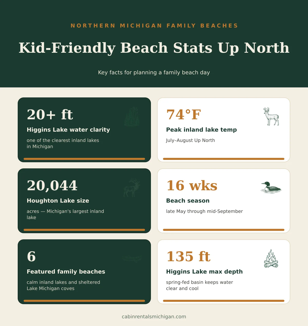 Infographic: Kid-Friendly Beach Stats Up North Michigan showing Higgins Lake clarity at 20+ ft, peak water temp 74°F, and 16-week beach season