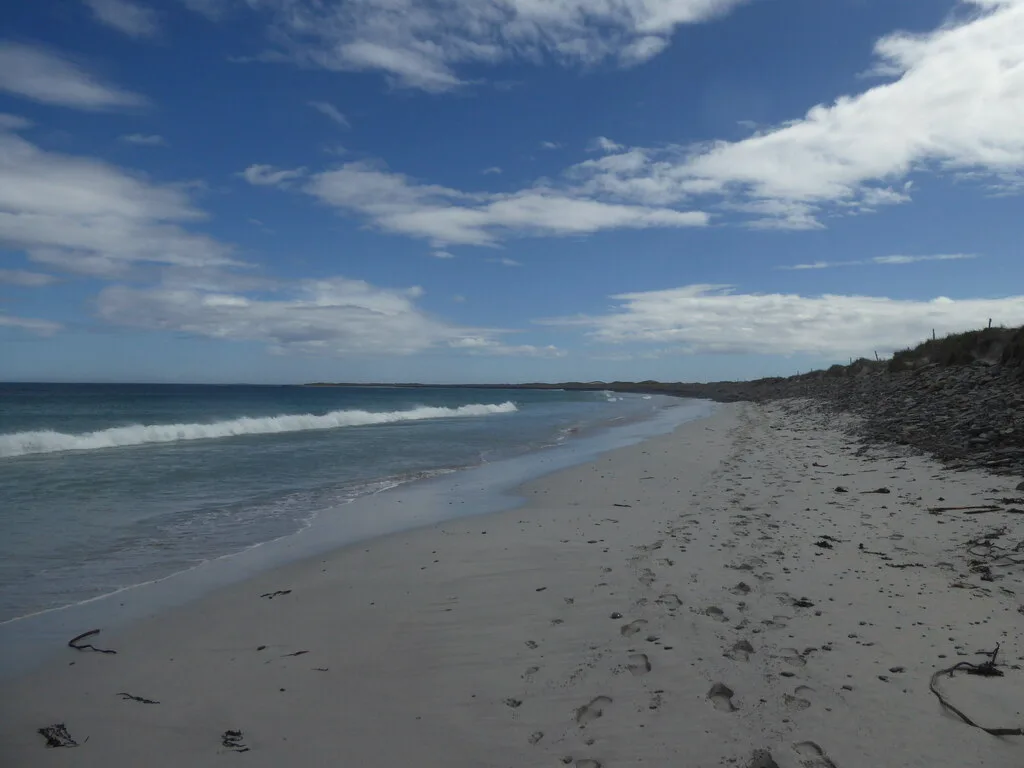 White shell sand and turquoise shallows at Whitemill Bay on the north coast of Sanday, Orkney
