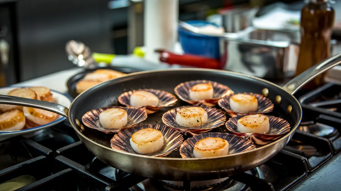 Close-up of Orkney scallops being pan-seared.
