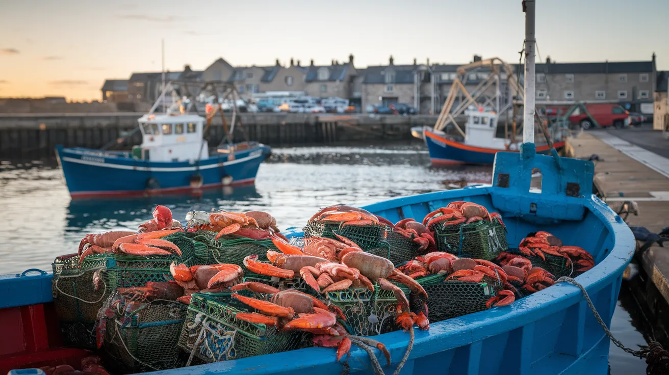 Fishing boats unloading creels of crab and lobster at Kirkwall Harbour.