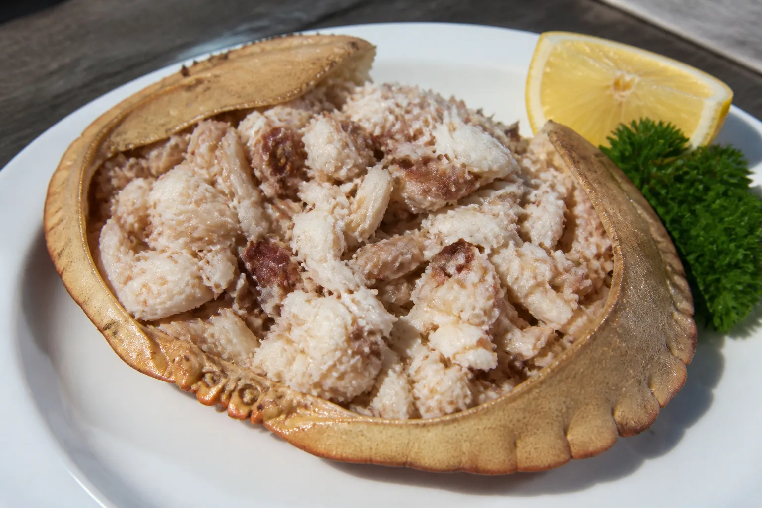 Close-up of a freshly dressed Orkney brown crab served in its cleaned shell on a white plate with a wedge of lemon and parsley, the white and brown crab meat shown in detail