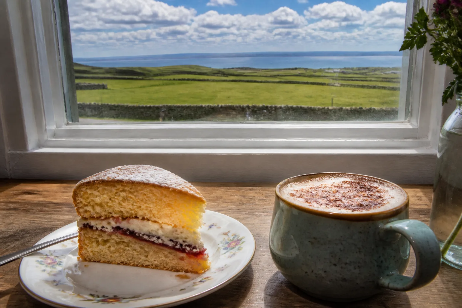 A window table in an Orkney tearoom — a thick slice of home-baked Victoria sponge on a vintage plate and a cappuccino, with green farmland, dry-stone dykes and a sliver of sea through the window