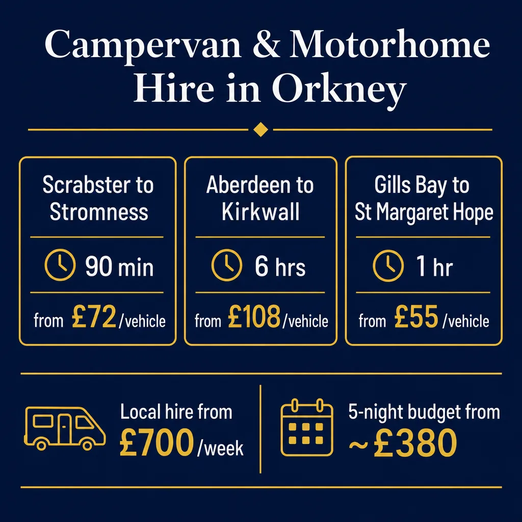 Infographic: Campervan and Motorhome Hire in Orkney — three ferry routes (Scrabster 90 min from £72, Aberdeen 6 hrs from £108, Gills Bay 1 hr from £55), local hire from £700 per week, 5-night budget from £380