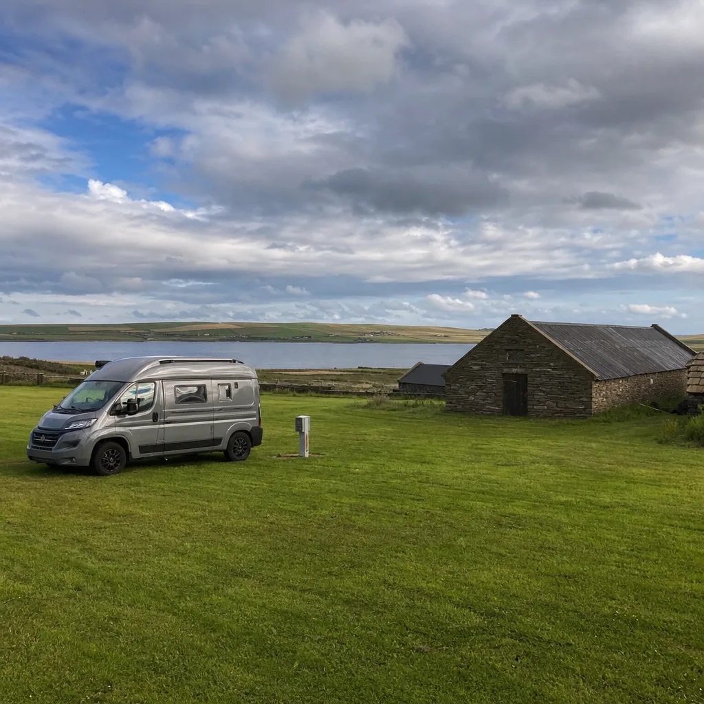 Compact campervan on a grass campsite pitch with electric hookup post, stone farm building to one side, bay visible in the background, dramatic cloudy Orkney sky