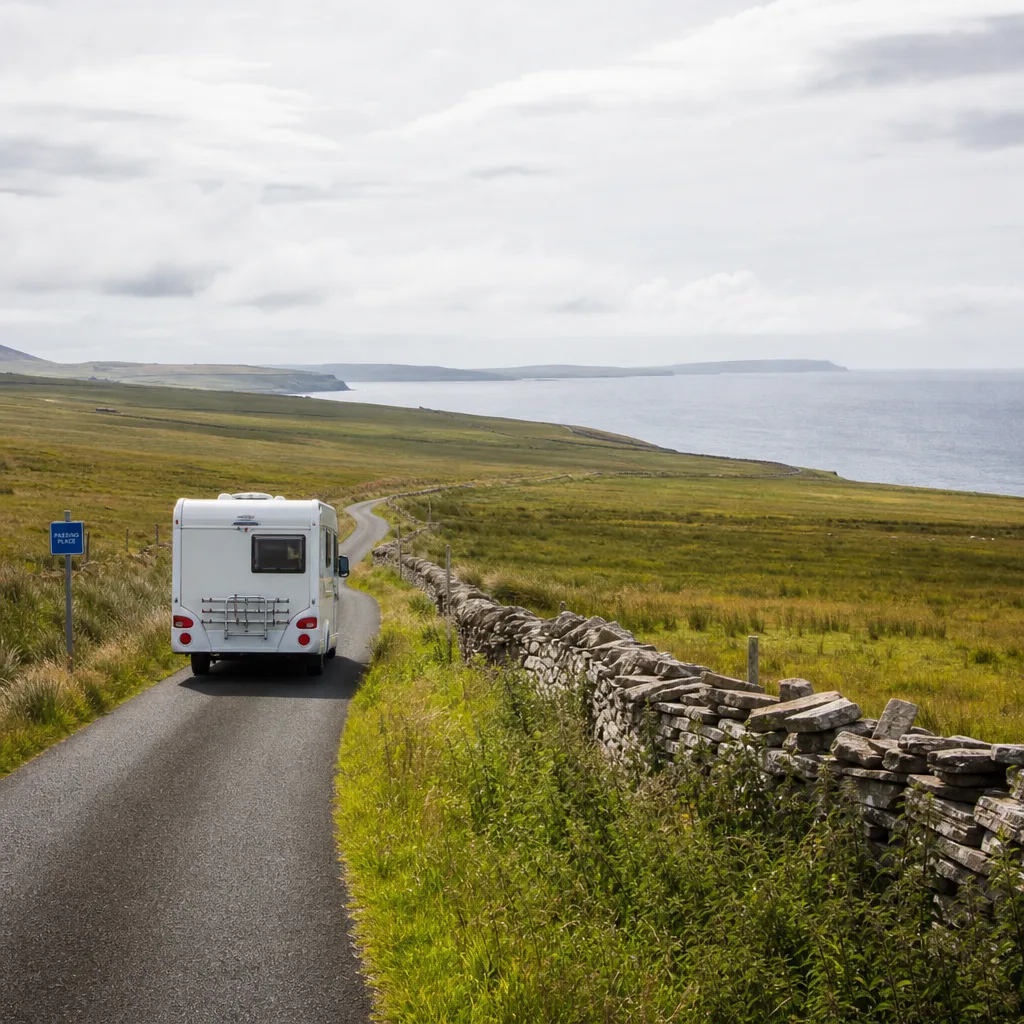 White campervan travelling on a narrow single-track Orkney road with a passing place sign, open sea ahead, green moorland and drystone wall, overcast summer sky