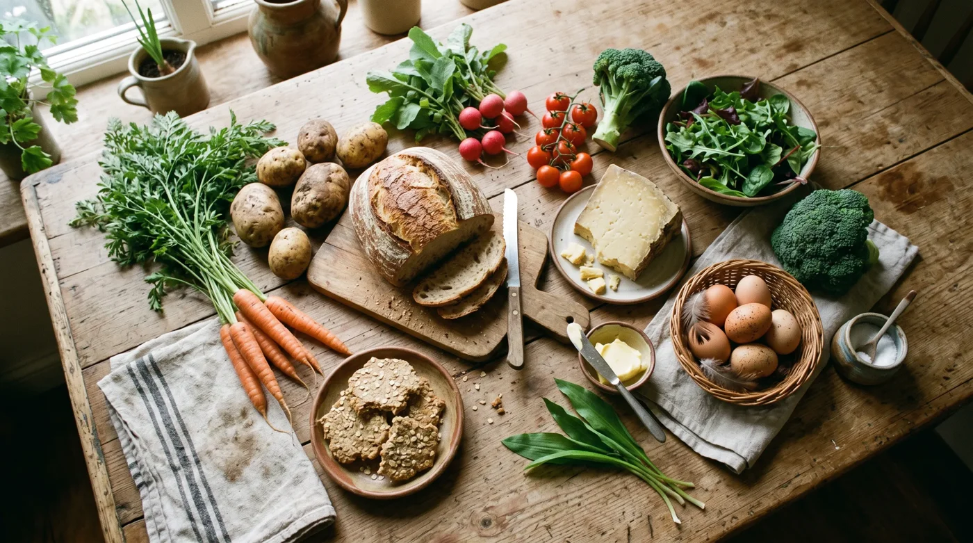 A home-cooked Orkney supper laid out on a wooden table — a dish of clapshot (mashed potato and turnip with herbs), a round beremeal bannock on a board, a wedge of pale Orkney cheese with a cheese knife, and homemade oat bannocks