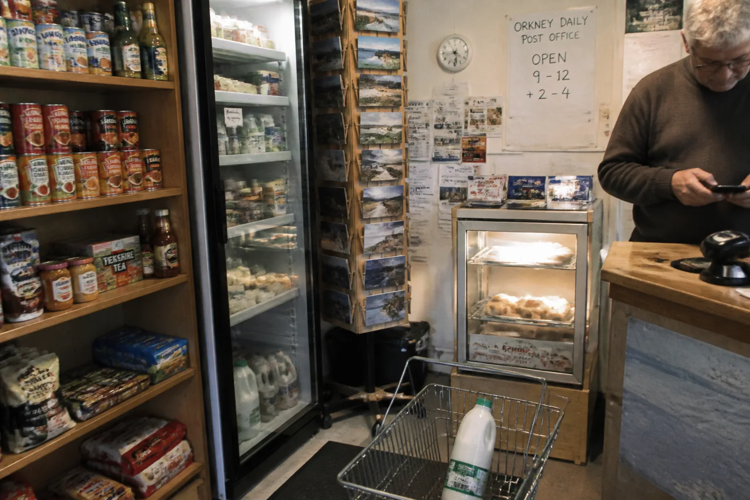 The cluttered interior of a small island shop on Westray, Orkney — a mix of grocery, post office and ferry-ticket counter all in one room, with wooden shelves stacked with tins of soup, packets of biscuits, jars of pickles, a cooler cabinet with milk and cheese, a rack of postcards, and a handwritten sign behind the counter reading ORKNEY DAILY POST OFFICE OPEN 9-12 + 2-4