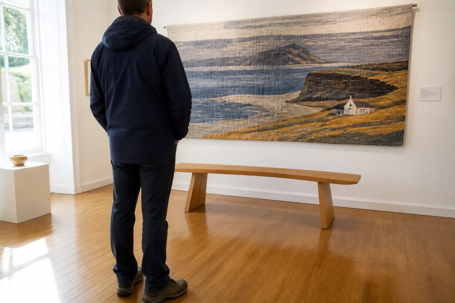 Mid-range photo inside a small Orkney art gallery showing a large hand-woven tapestry roughly 1.5 metres tall by 2 metres wide hanging on a plain white-painted wall, depicting an Orkney coastal scene in muted blues, greys, ochres and creams with abstracted cliffs and sea and a small white croft house in the lower right, the tapestry has visible woven texture and uneven warp threads, with a wooden bench in front of it and a single visitor standing looking at the tapestry cropped from shoulders down