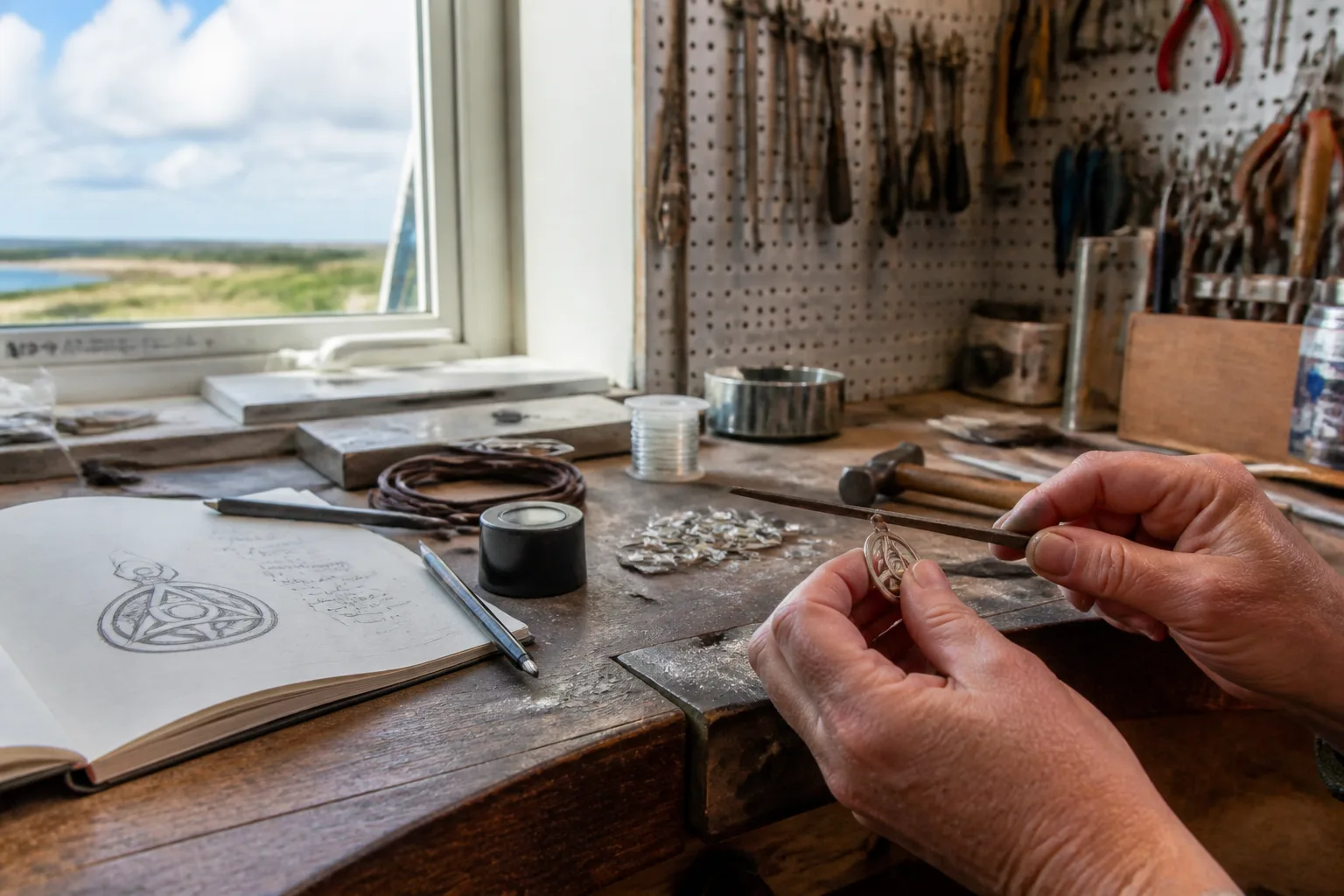 Mid-range photo inside an Orkney jewellery workshop showing a wooden craftsperson's bench scattered with tools &mdash; tiny files, a jeweller's loupe, silver wire, a coiled length of leather cord, a sketchbook open to a Celtic-inspired pendant drawing and a half-polished silver pendant in progress in the centre of the frame held by a pair of working hands cropped at the wrist, with a small window bringing in bright partly-cloudy June daylight