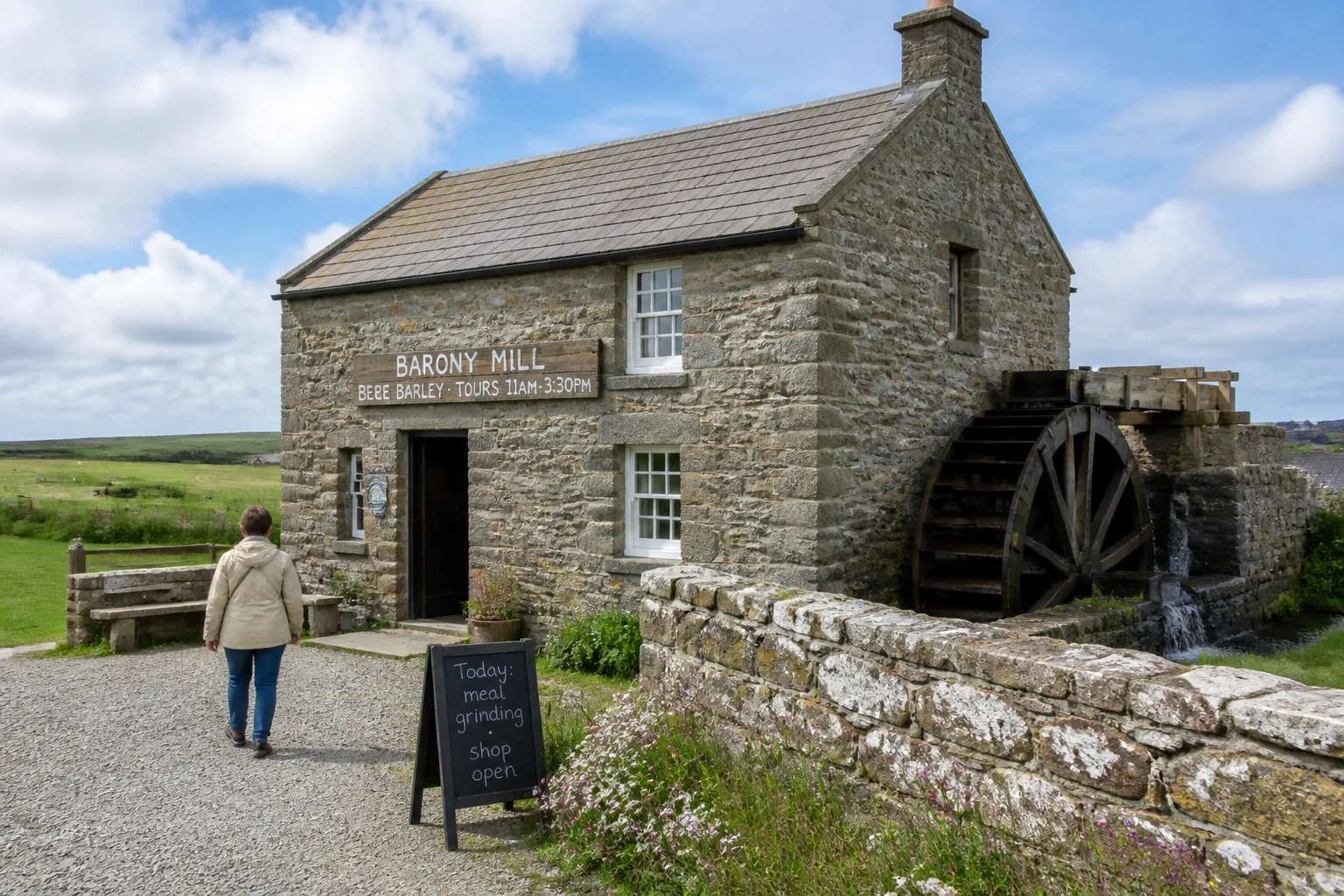 Barony Mill in Birsay, Orkney — a small two-storey grey-stone watermill with a slate roof set against the green flat fields of West Mainland, the wooden water wheel partly turning with water running underneath, a wooden hand-painted sign reading BARONY MILL BERE BARLEY TOURS 11AM-3:30PM, a visitor in a beige rain-jacket walking up the gravel path, pale blue summer sky with broken cloud and a stone wall in the foreground with wildflowers