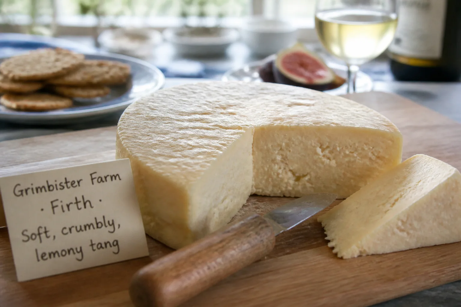 A tight close-up of a single round of Grimbister farmhouse cheese on a wooden board filling most of the frame — pale cream colour, slightly crumbly soft texture visible on a cut edge, a small wedge already sliced off and resting beside it, a wooden-handled cheese knife laid across the cut edge, and a handwritten card reading Grimbister Farm Firth Soft crumbly lemony tang