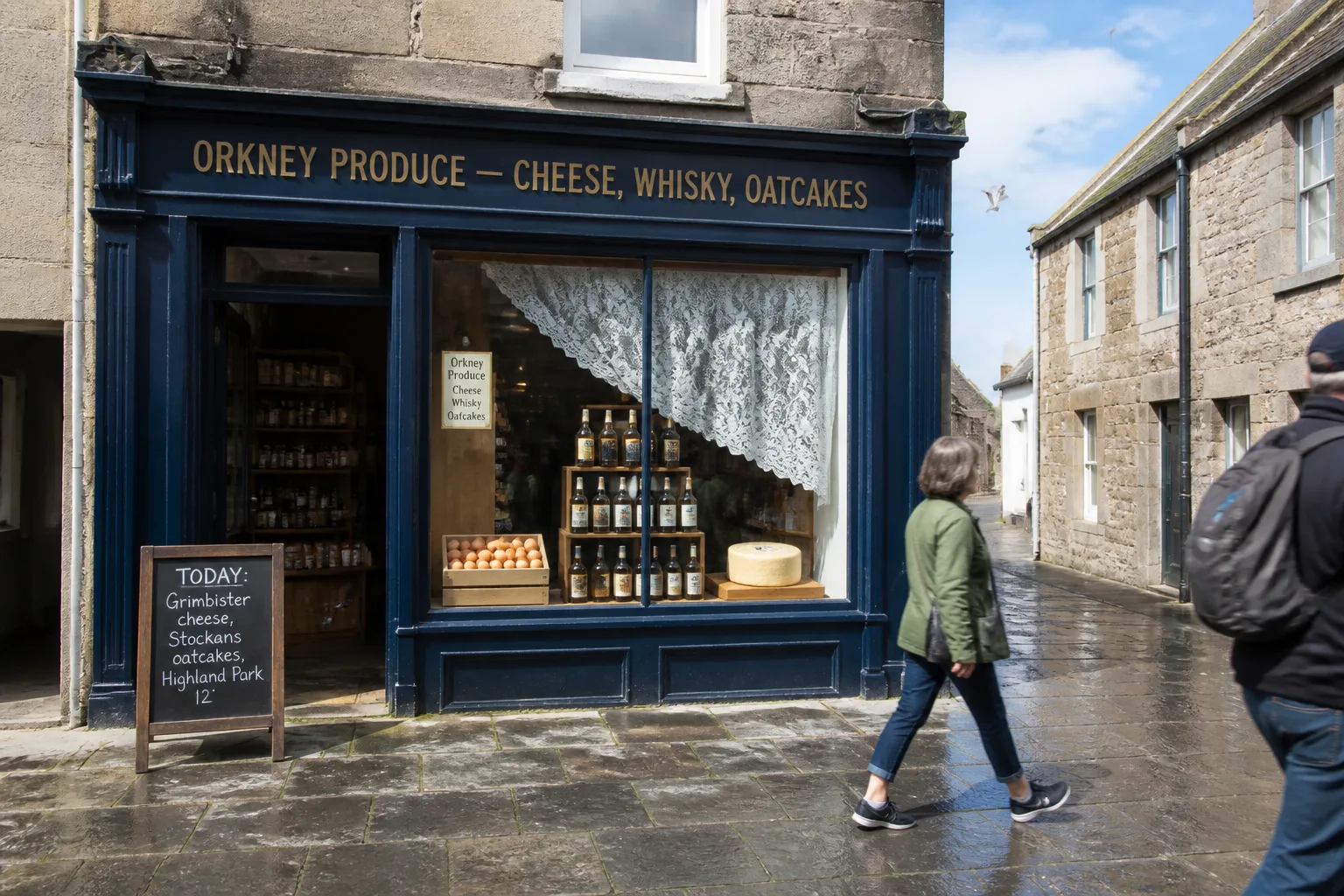 A small independent Orkney delicatessen shopfront in Kirkwall painted dark navy with gold lettering, an A-board chalkboard on the pavement listing Grimbister cheese, Stockans oatcakes and Highland Park whisky, with a window display of whisky bottles, a wooden crate of brown eggs and a wheel of farmhouse cheese on a wet flagstone street under a patchy summer sky