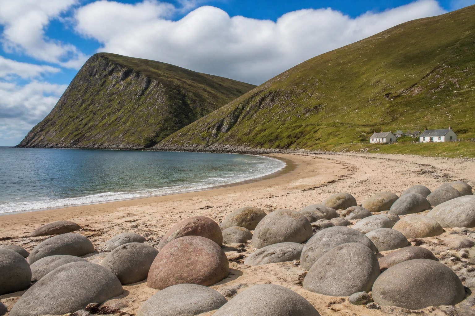 Rackwick Bay on the west coast of Hoy Orkney with curving golden sand strewn with huge rounded grey-pink boulders the size of cars, steep grassy hills enclosing the bay on both sides, a few whitewashed crofter cottages visible at the foot of the hills, calm blue-grey Atlantic sea, partly-cloudy summer sky