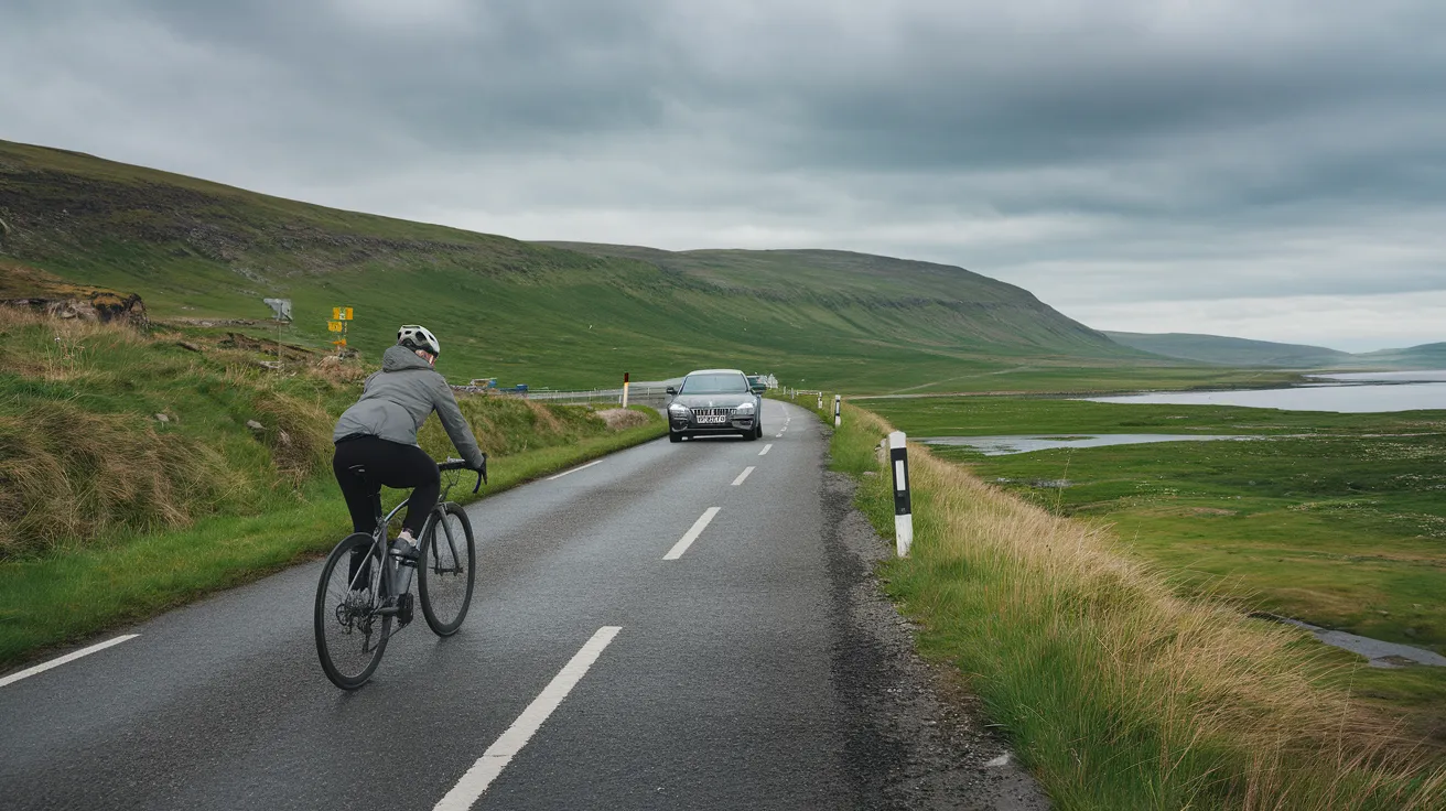 Cyclist using a passing place on a single-track Orkney road.