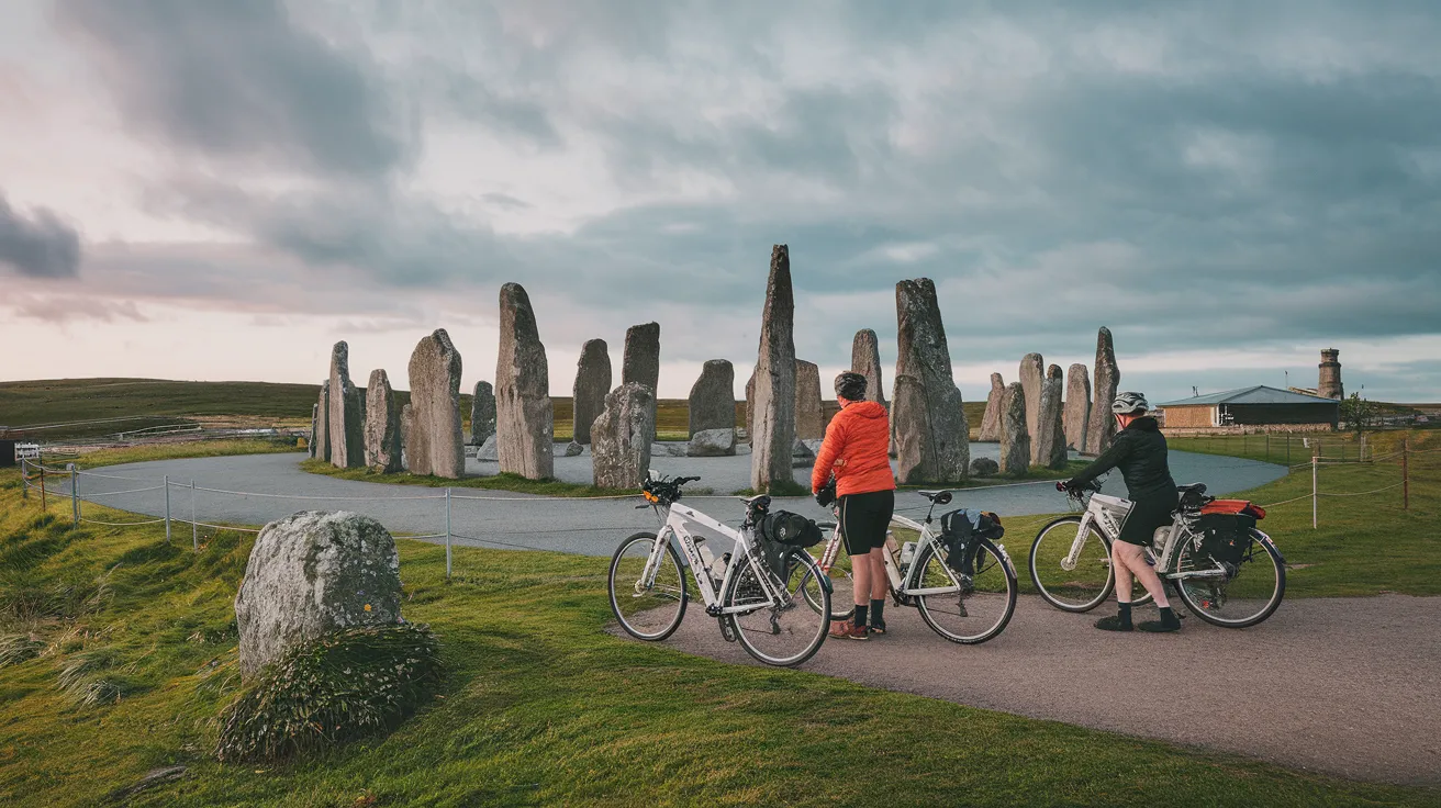 Cyclists pausing at the Ring of Brodgar, Orkney.