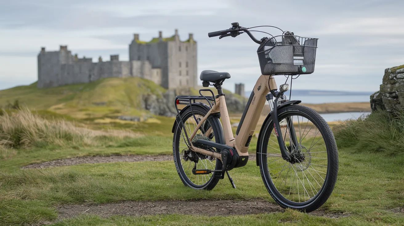 E-bike parked near Balfour Castle, Shapinsay, Orkney.