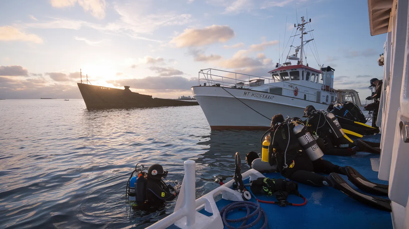 Dive boat moored above a wreck site in Scapa Flow.