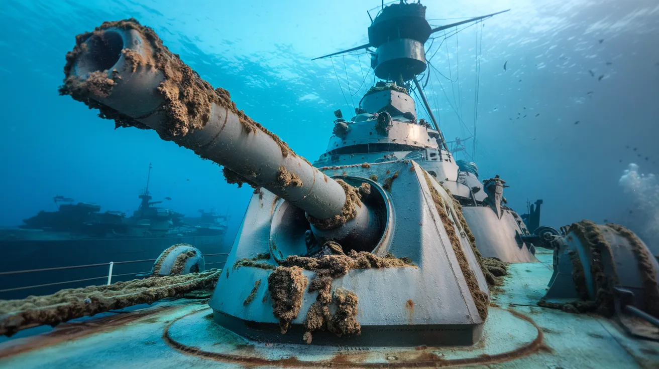 Underwater view of a large gun turret on a Scapa Flow wreck.