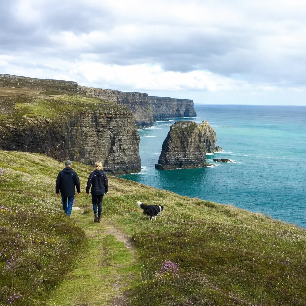 Two people walking a border collie along dramatic Orkney sea cliffs in summer, rugged sandstone cliffs with turquoise sea below