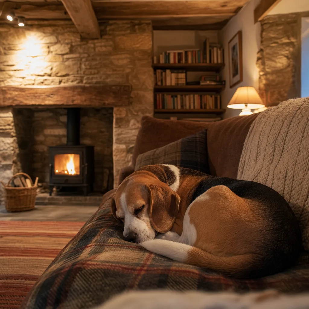 A cosy Orkney self-catering cottage lounge with a beagle asleep on a tartan blanket on a sofa, woodburning stove, stone walls