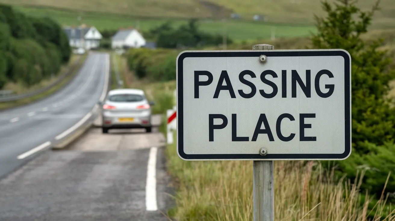 Close-up of a Passing Place sign on a single-track road in Orkney.