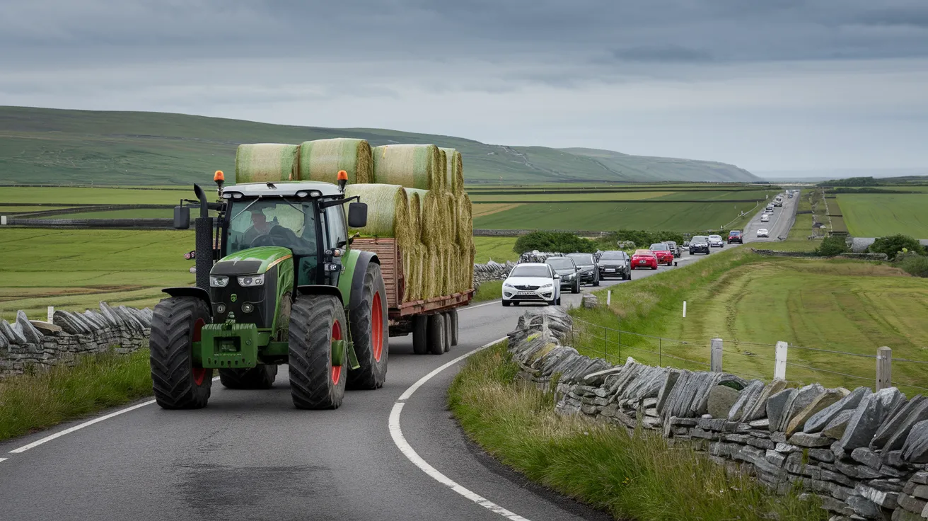 Tractor driving slowly on a narrow Orkney road with cars following.
