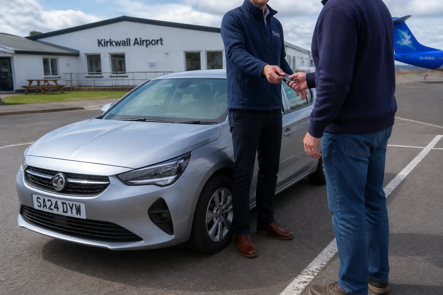 Clean small silver hatchback hire car parked outside Kirkwall Airport's modest single-storey terminal building on a bright partly-cloudy summer morning, hire-car representative in navy fleece handing keys to a traveller in jeans and fleece, both partly cropped, blue tail of a small turboprop visible beyond the terminal