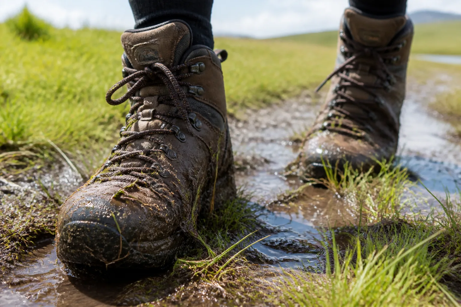 Close-up of well-worn waterproof walking boots flecked with fresh Orkney mud, mid-step on a wet grass path with a puddle