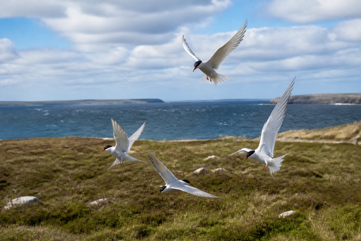 Several Arctic Terns in flight over the low heather and short grass plateau of the North Hill RSPB reserve at the north end of Papa Westray Orkney with the blue sea and low Westray coastline visible behind