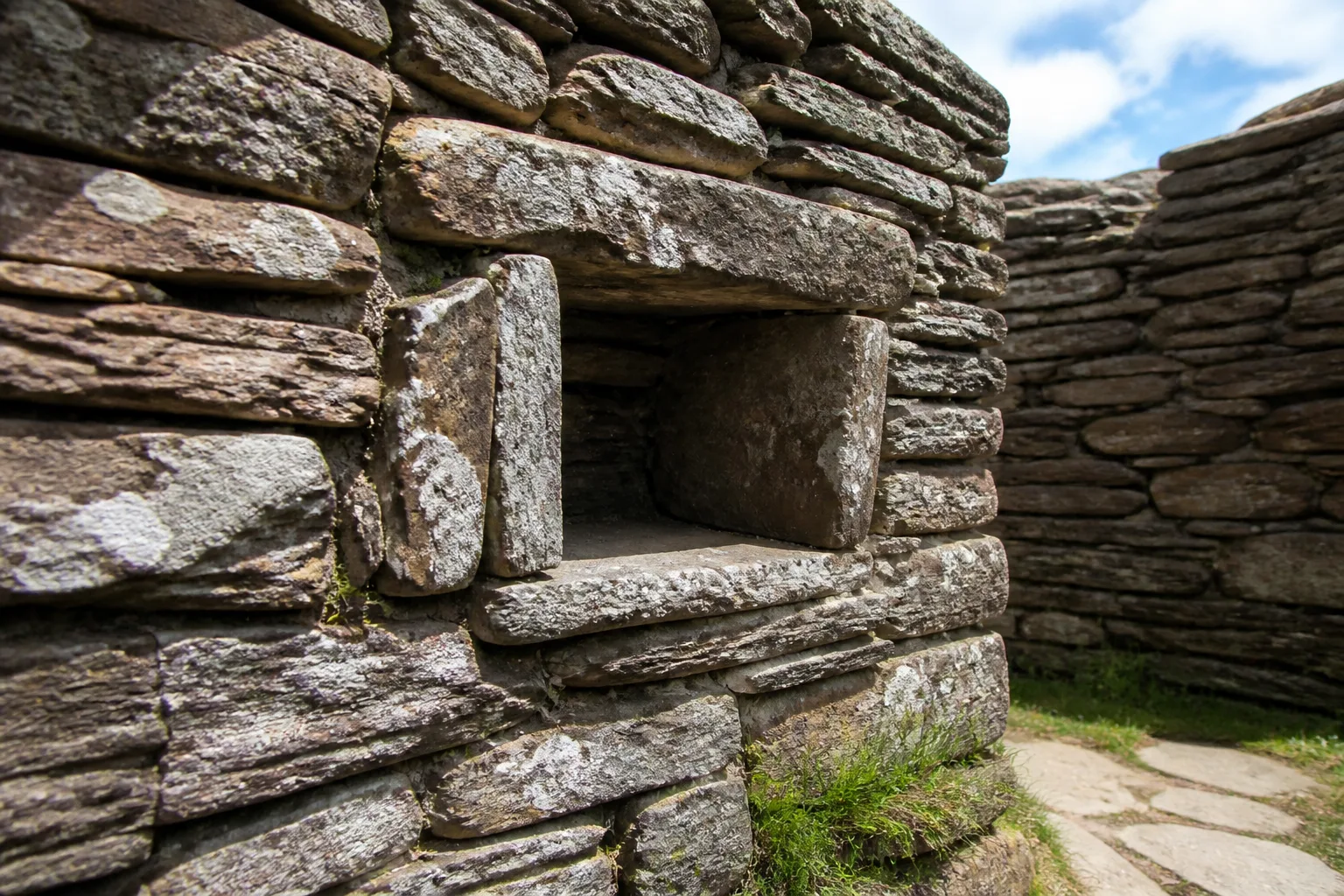 Close-up of the drystone interior of the Knap of Howar on Papa Westray showing a built-in stone cupboard (aumbry) niche set into a weathered grey sandstone wall preserved to 1.6 metres
