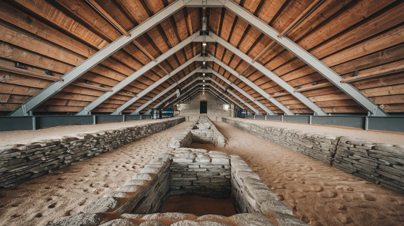 Interior view of the stalled compartments within Midhowe Chambered Cairn, Rousay.