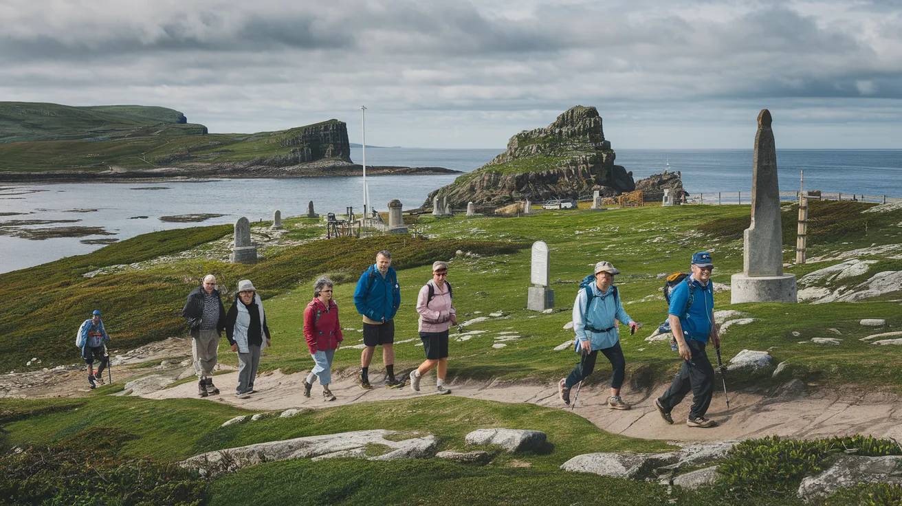 Hikers on the Westness Walk heritage trail on Rousay, Orkney.