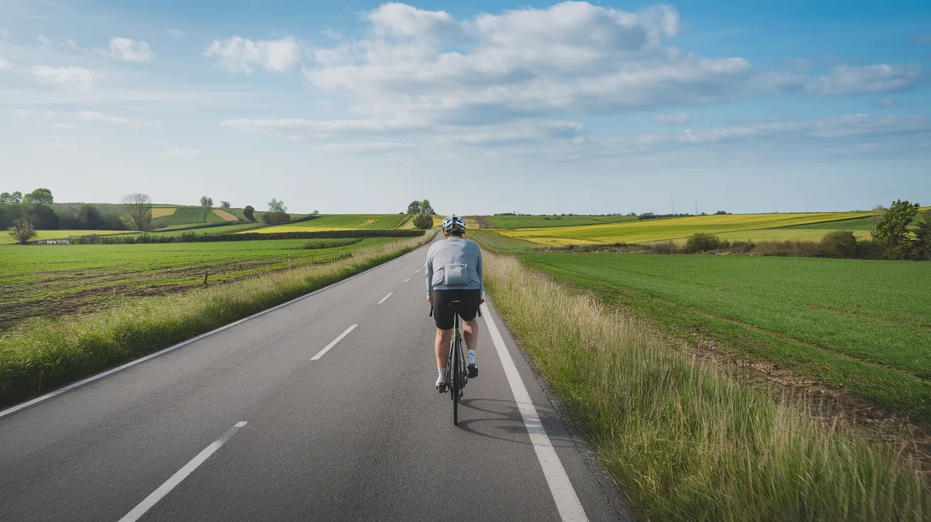 Cyclist on a quiet road through farmland on Sanday, Orkney.