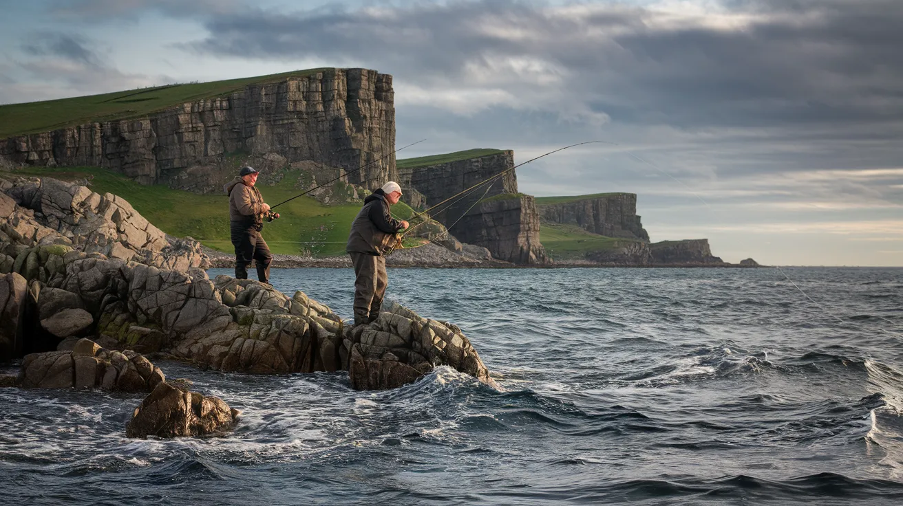 Anglers sea fishing from rocks on the Orkney coast.