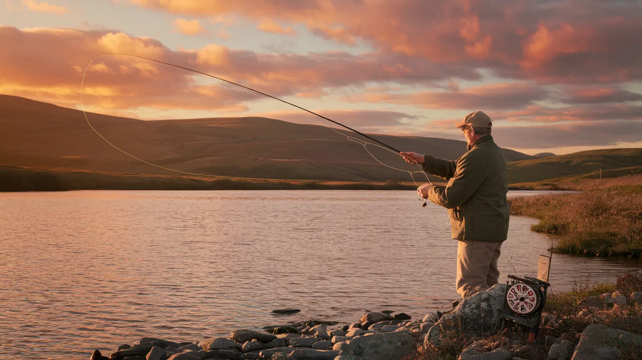 Fly fisherman casting on an Orkney loch at sunset.