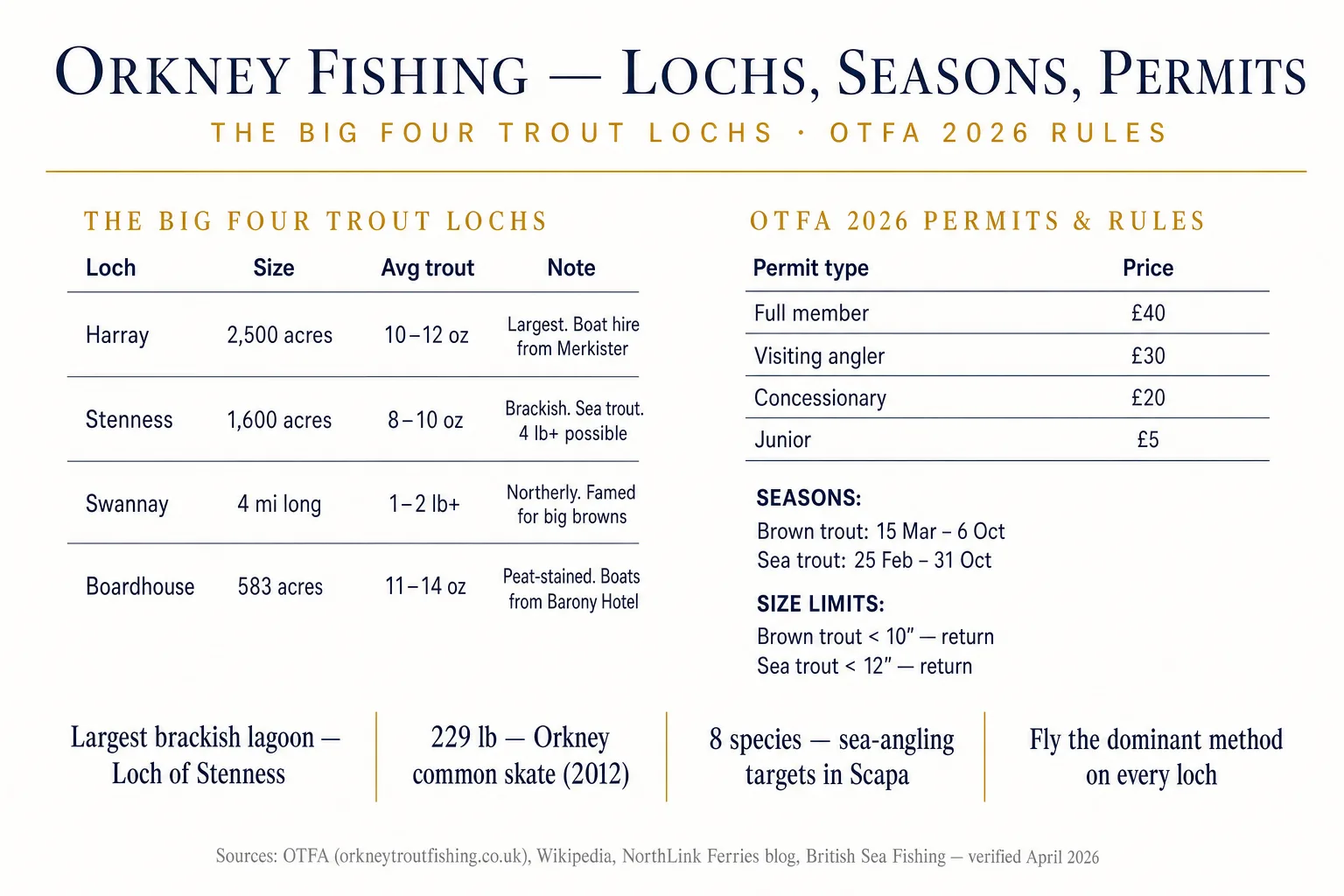 Orkney fishing infographic — the four big trout lochs (Harray, Stenness, Swannay, Boardhouse) compared by size, average trout, and boat-hire option, alongside Orkney Trout Fishing Association 2026 permit prices, season dates, and size limits
