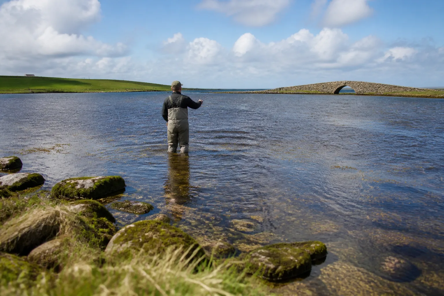 Fly angler in chest waders working the shallow brackish margin of the Loch of Stenness near the Brig o' Waithe on Orkney Mainland on a partly-cloudy summer afternoon, casting toward the inflow channel where loch meets sea
