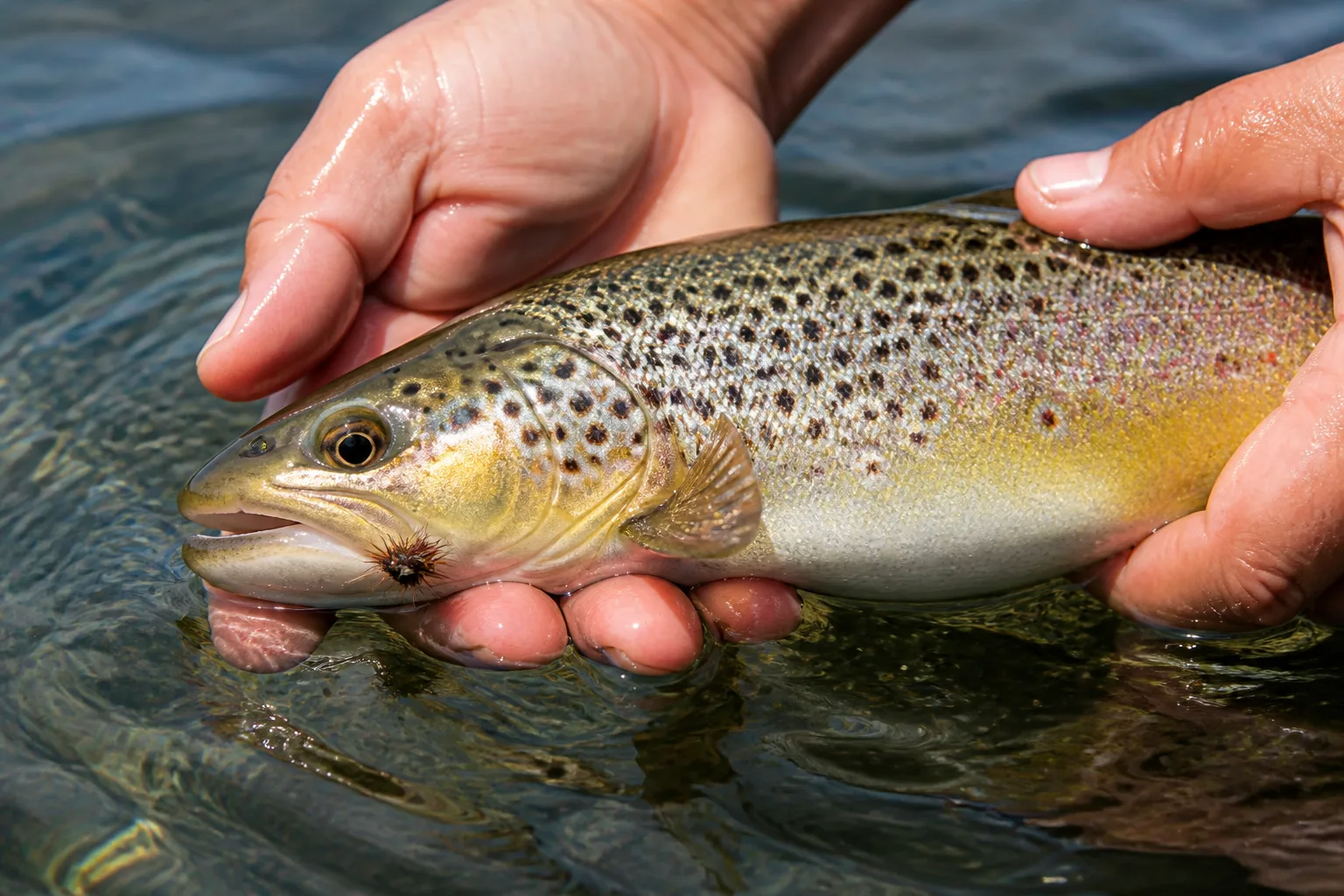 Tight close-up of a wild Orkney brown trout cradled in two wet hands above the loch surface, golden-bronze flank with scattered black and red spots, white belly, small wet fly visible at the corner of the jaw, ready for release