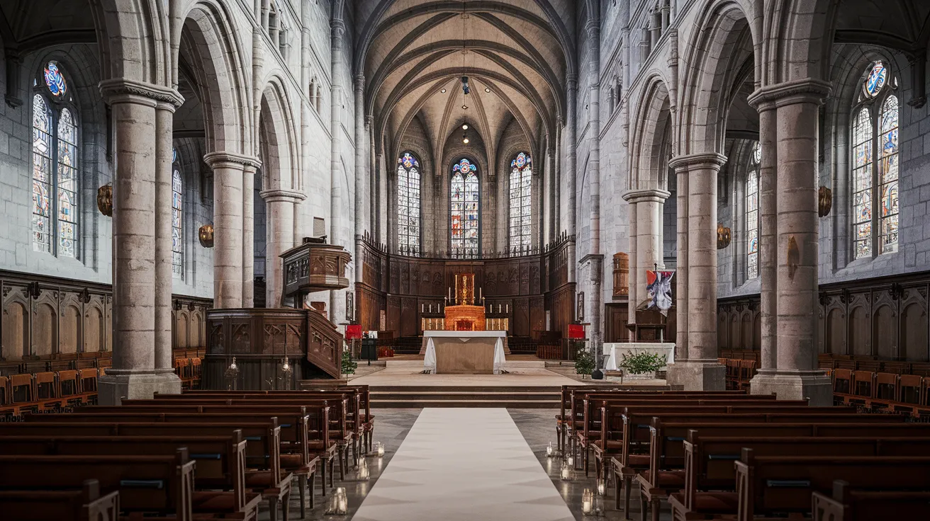 Interior of St Magnus Cathedral, Kirkwall, potentially set for a ceremony.