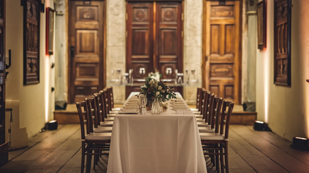 Intimate wedding reception setup in a historic Orkney venue.
