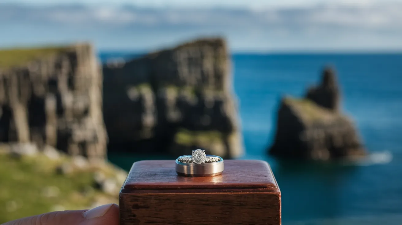 Wedding rings exchanged against a dramatic Orkney coastal backdrop.