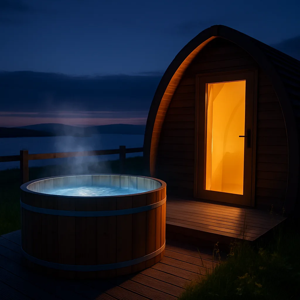 Outdoor cedar hot tub steaming on a glamping pod deck at twilight, sea loch and hills in the last evening light, warm glow from the pod door behind
