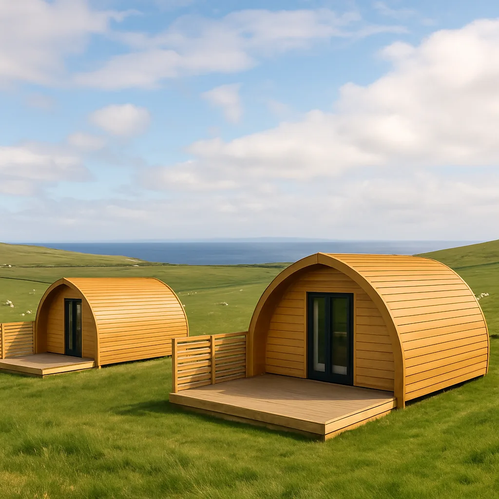 Row of arch-roofed timber glamping pods on an open Orkney hillside in summer, sheep grazing behind, sea glinting in the middle distance