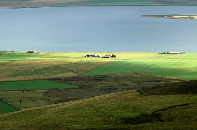 Patchwork of green farm fields on the West Mainland of Orkney sloping down to the blue water of the Bay of Firth, with scattered farms along the shore