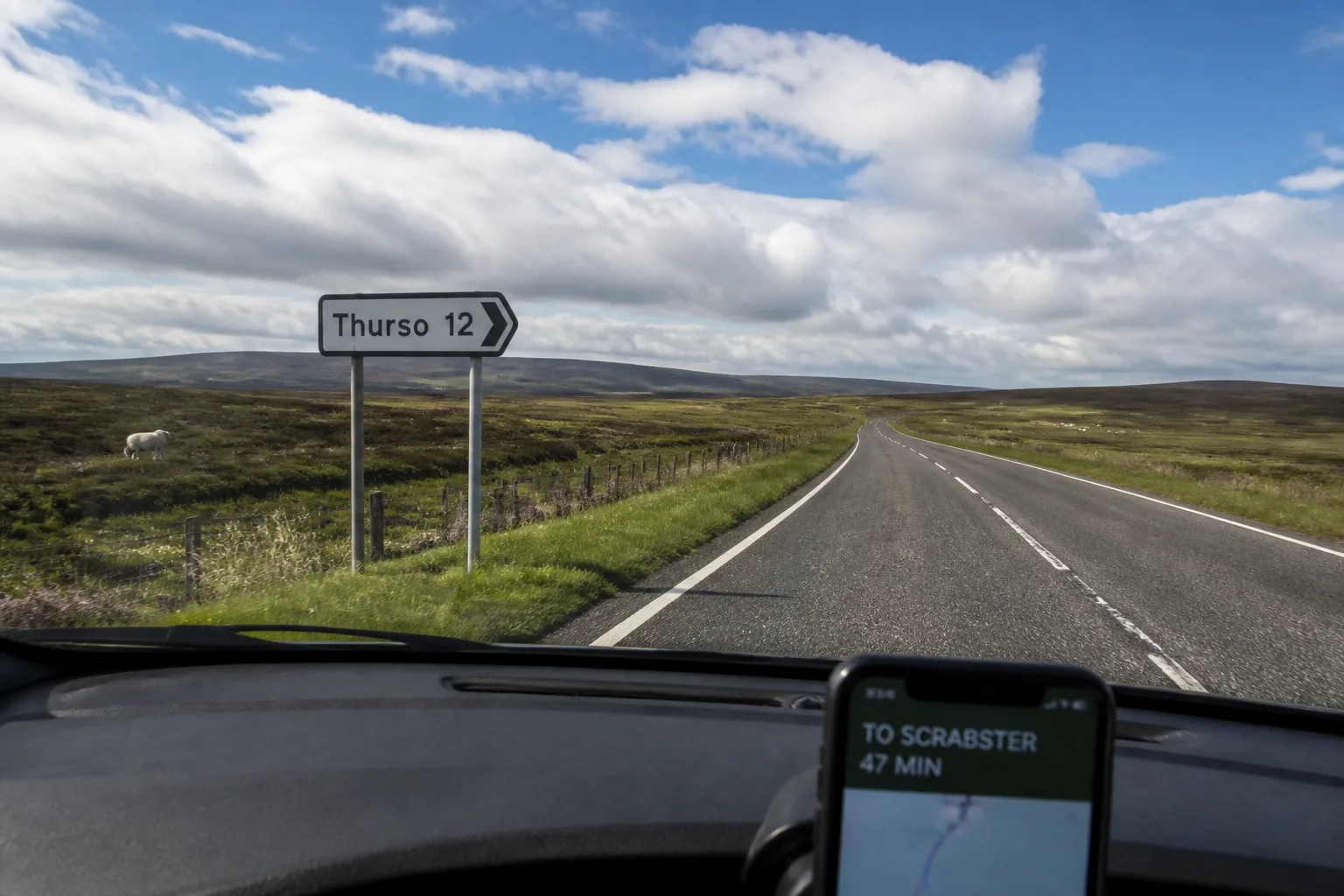 View from the windscreen of a small hire car driving north on the empty single-carriageway A9 road through the rolling green-and-heather moorland of Caithness, Scotland, on a bright partly-cloudy summer afternoon with smartphone sat-nav showing Scrabster ETA