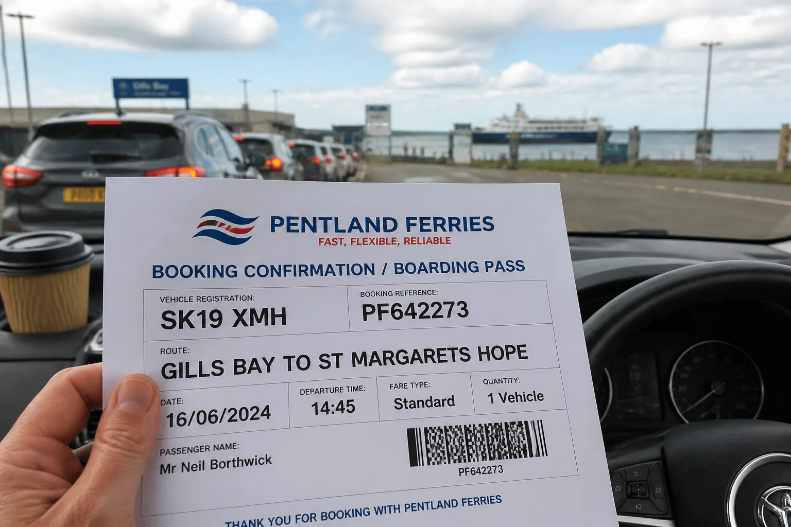 Tight close-up shot taken from the driver's seat of a small white hire car — a hand holding a printed Pentland Ferries booking confirmation with Gills Bay to St Margarets Hope clearly visible on the page, dashboard and steering wheel softly out of focus behind, queue of cars and ferry catamaran visible through the windscreen in the soft background