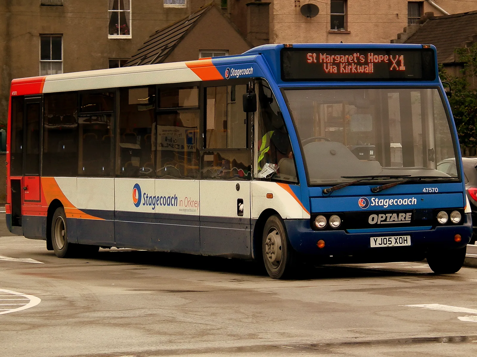 A Stagecoach in Orkney bus in Kirkwall showing the destination St Margaret&rsquo;s Hope X1 via Kirkwall